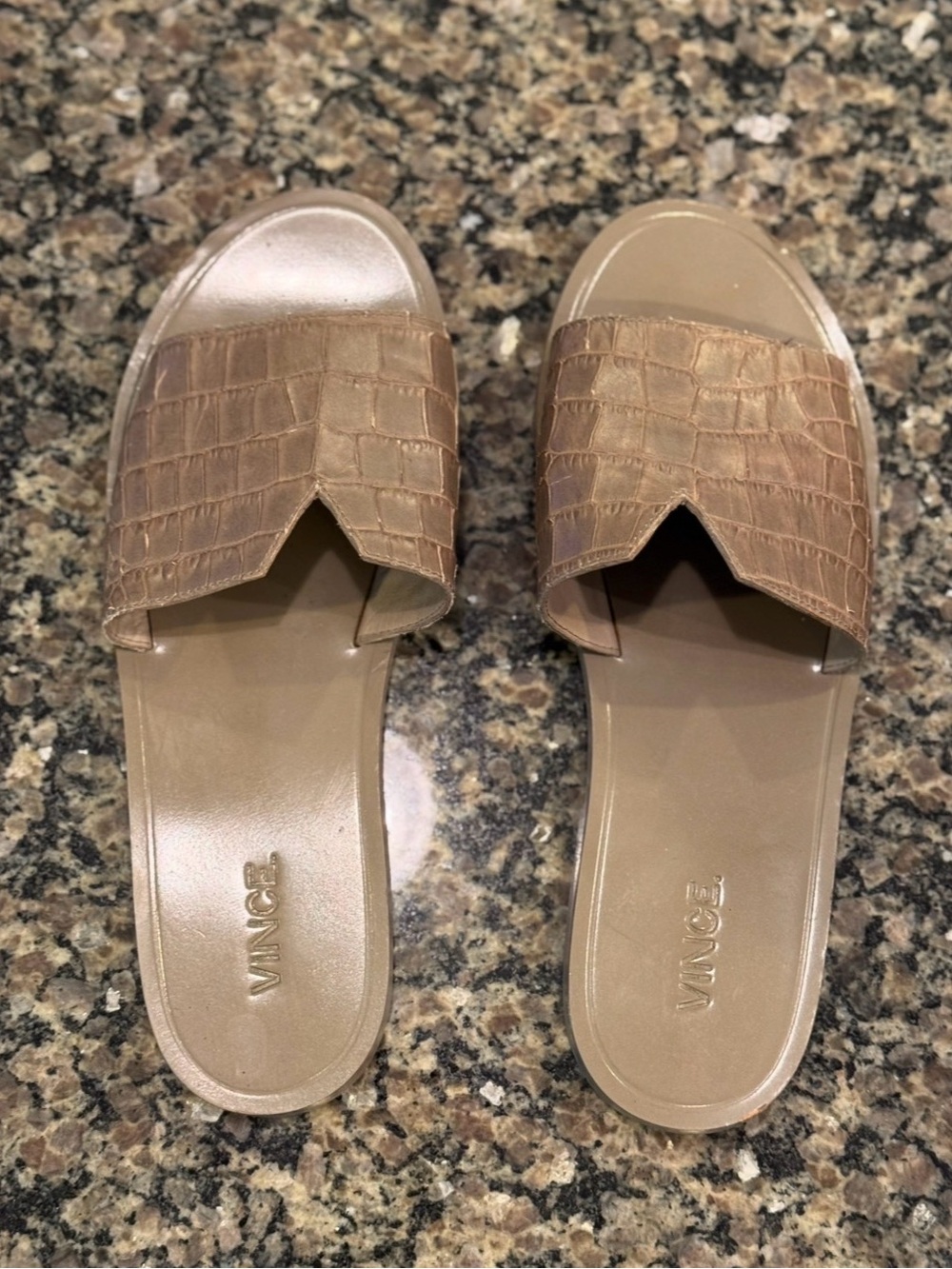 Vince Valeria Croc Embossed Leather Slide Sandals 7.5 taupe quiet luxury earthy